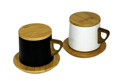 Stainless Steel Vacuum Tea & Coffee Mug with Wooden Lid and Saucer