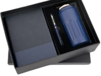 Blue corporate gift set with insulated mug flask, diary and pen