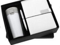 White corporate gift set with insulated mug flask, diary and pen