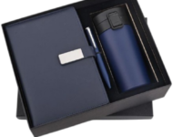 Blue corporate gift set with insulated mug flask, diary and pen