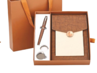 Rustic luxe gift set with diary pen keychain Premium rustic diary metal pen keychain combo Elegant rustic luxe corporate gift set Brown rustic diary pen keychain gift box