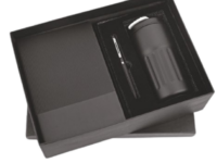 Black corporate gift set with insulated mug flask, diary and pen