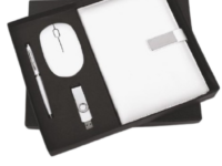 White corporate mouse gift set with diary, pen, USB pen drive and wireless mouse