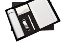 White corporate gift set with temperature bottle, diary, pen, keychain and cardholder