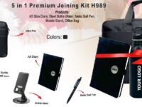 Premium Joining Kit H989 5 in 1 corporate welcome kit Employee onboarding kit with office bag and steel bottle Corporate welcome hamper with diary, pen and mobile stand Branded executive joining kit for new employees