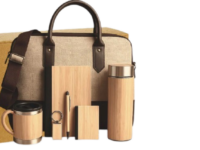 Wooden corporate gift set with bottle, mug, diary, pen, keychain, cardholder and jute laptop bag in premium box