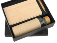 Wooden diary gift set with wooden pen and glass bottle with jute cover in premium gift box