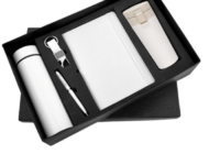 Premium white office gift kit with notebook, tumbler, bottle, pen and keychain in black box