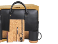 Cork finish corporate gift set with bottle, mug, diary, pen, keychain, cardholder and laptop bag in premium box
