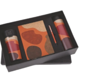 Tan abstract diary pen bottle and mug corporate gift set in premium black box packaging