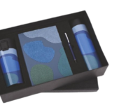 Blue abstract diary pen bottle and mug corporate gift set in premium box packaging