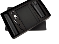 Premium corporate gift set with notebook, pen, insulated bottle, mug and keychain in luxury black gift box