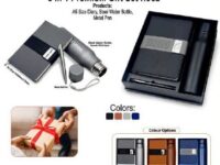 Premium corporate gift set with diary stainless steel bottle and metal pen in elegant gift box packaging