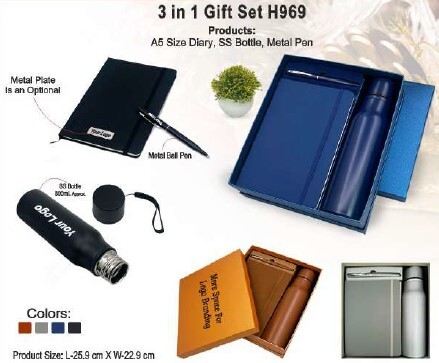 Corporate gift set with diary S5 bottle and metal pen in premium gift box