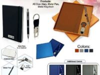 Corporate gift set with A5 diary metal pen and keychain in brown grey blue and black colors