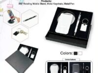 Corporate gift set with 360 degree mobile stand metal pen and keychain in black and white colors