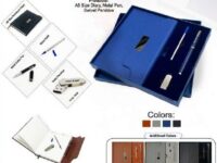 Corporate gift set with A5 diary metal pen and swivel pendrive in brown grey blue and black colors