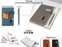 Corporate gift set with A5 multifunctional diary and metal pen in black grey brown and light blue colors