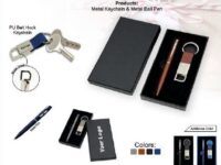Corporate gift set with metal keychain and metal ball pen in black grey brown and blue colors