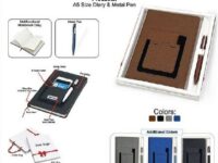 Corporate gift set with A5 diary and metal pen in black grey brown and blue color
