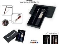 Corporate gift set with metal keychain and metal ball pen in black grey brown and blue colors
