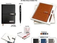 Corporate gift set with A5 diary and metal pen in black brown blue and grey colors in premium gift box
