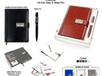 Corporate gift set with multifunctional A5 diary and metal pen in black brown blue and grey colors