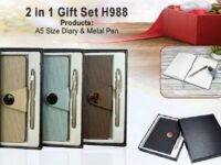 Corporate gift set with A5 diary and metal pen in black beige blue and brown colors in premium gift box