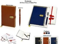 Corporate gift set with A5 diary and metal pen in brown blue black and grey colors in premium gift box