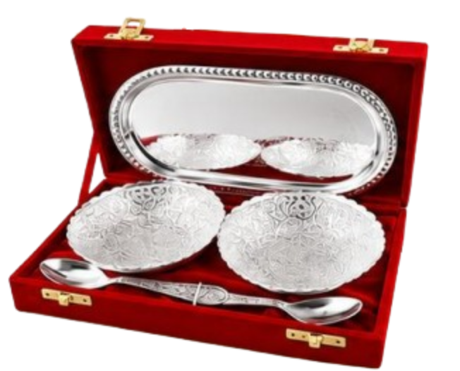 Corporate Diwali Gifts – Silver Plated Bowl Set with Tray